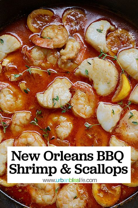 This New Orleans-style dish is packed with succulent shrimp and scallops sautéed in a buttery Worcestershire sauce. Serve with a side of bread to soak up the yummy sauce! Get the full recipe on UrbanBlissLife.com #shrimp #seafood #cajunfood #creolefood #bbqshrimp #neworleansfood #foodandtravel #foodblog #seafoodrecipe #30minutemeal #easyrecipe New Orleans Shrimp, Shrimp And Scallop Recipes, New Orleans Bbq Shrimp, Scallops Recipe, Bbq Seafood, Shrimp Scallops, Bbq Shrimp, Scallop Recipes, Creole Recipes