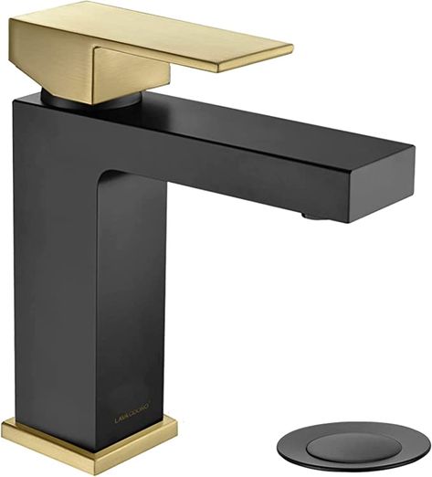 Bathroom Faucets Black, Gold Bathroom Faucet, Black And Gold Bathroom, Gold Faucet, Waterfall Bathroom, Bathroom Faucets Waterfall, Contemporary Bathroom Sinks, Modern Bathroom Sink, Vessel Sink Faucet