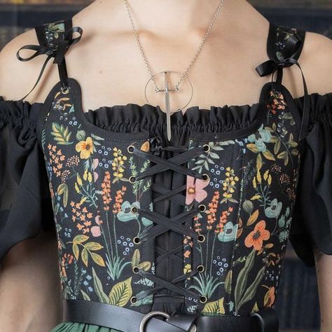 Black Floral Corset, French Meadows, Green Linen Skirt, A Corset Dress, Black Corset Dress, Floral Corset Top, Corset Skirt, Floral Corset, Witch Costume