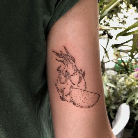 Dragon Fruit Tattoo, Dragonfruit Tattoo, Lychee Tattoo, Vietnamese Tattoo, Tattoo Line Work, Vietnam Tattoo, Fruit Tattoo, Tattoo Line, Mini Tattoo