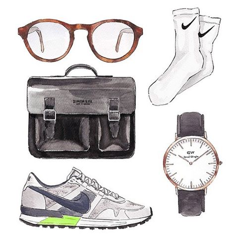 Good objects - Men Accesories @nike @simonandme @danielwellingtonwatches @mykitaofficial #ootd #flatlay #illustration #watercolour #art #goodobjects Good Objects Illustrations, Flatlay Illustration, Fashion Objects, Ootd Flatlay, Good Objects, Objects Illustration, Mary Macdonald, Accessories Design Sketch, Fashion Illustration Collage