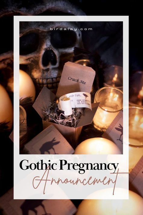 Gothic Gender Reveal Ideas, Dark Gender Reveal, Goth Pregnancy Announcement, Goth Pregnancy, Gender Reveal Outfit For Mom, Gender Reveal Outfit, A Flair For The Dramatic, Gender Reveal Outfits, Unique Pregnancy Announcement