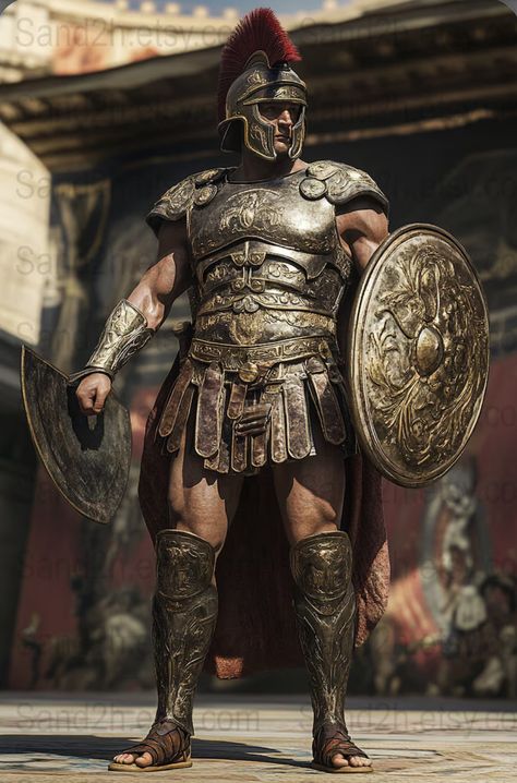 Gladiator Shield, Ancient Rome Gladiators, Gladiator Art, Man In Armor, Armor Historical, Gladiator Armor, Warrior Man, Armor Medieval, Roman Armor