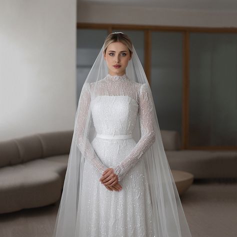 Eightree 2024 White A-Line Wedding Dresses High Neck Long Sleeve Wedding Gowns Boho Beach Bridal Wedding Dress Classy Vintage, Elegant Wedding Dress Classy Vintage, Life Visualization, Dress Pengantin, Collar Wedding Dress, High Collar Wedding Dress, Wedding Dress Classy, Vintage Hijab, Bridal Hijab Styles