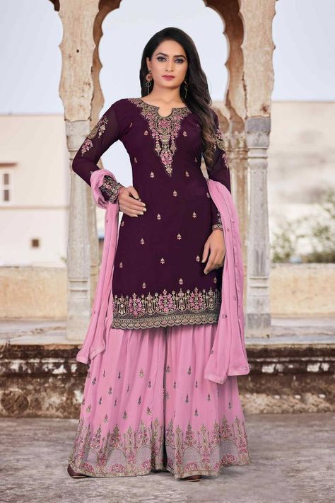 Violet Faux Women's Semi Stitched Sharara Suit with Georgette Embroidery. (1 Top/1 Bottom Sharara Fabric/1 Dupatta) Pakistani Sharara Suit, Pakistani Sharara, Georgette Sharara, Suit Salwar, Eid Outfits, Sharara Suit, Eid Dresses, Chiffon Dupatta, Zari Work