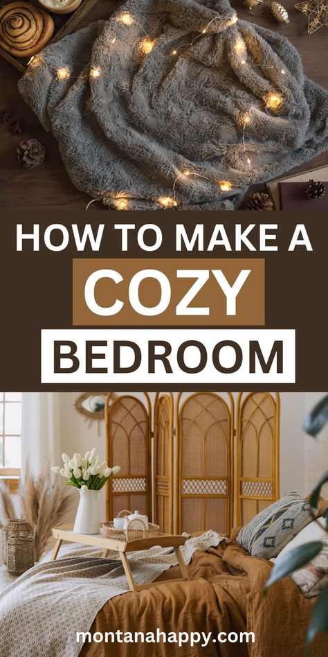 Top blanket with fairy lights and bottom picture is cozy bed with food tray Cozy Beautiful Bedrooms, Sleepy Bedroom Ideas, Cozy Bedroom Aesthetic For Couples, How To Have A Cozy Bedroom, Master Bedrooms Decor Cozy Boho, Making A Large Bedroom Feel Cozy, How To Make A Big Bedroom Cozy, Things To Make Room Cozy, Small Hygge Bedroom