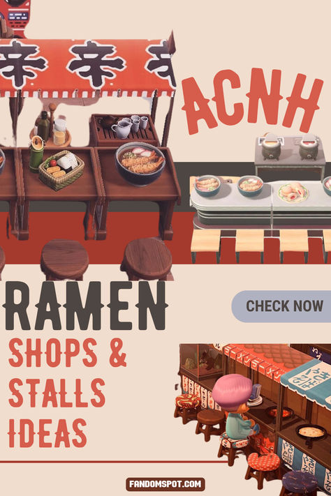 Fun ramen stall designs for Animal Crossing! Snag these adorable patterns and customizable design ideas to add onto your own little outdoor plaza, or to fit with a Japanese-themed area of your island. Acnh Food Stall Code, Animal Crossing Ramen Shop Codes, Animal Crossing Stall Pattern, Ramen Stand Acnh, Acnh Stall Custom Design Japanese, Animal Crossing Ramen Stall, Acnh Ramen Shop Code, Acnh Japanese Festival Area, Animal Crossing Japanese Festival