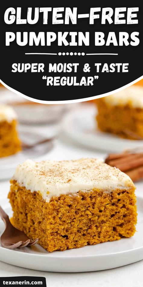 Enjoy the best gluten-free pumpkin bars, perfect for fall! These moist, spiced pumpkin squares are topped with a rich cream cheese layer, making them an irresistible treat. Whether you're craving pumpkin desserts or looking for the best pumpkin bars to share, this recipe is a must-try! They can also be made with all-purpose or whole wheat flour. Easy Gluten Free Pumpkin Recipes, Gf Pumpkin Blondies, Easy Gf Dessert Recipes, Gluten Free Pumpkin Bars With Cream Cheese Frosting, Healthier Pumpkin Bars, Thanksgiving Recipes Dessert Gluten Free, Gf Pumpkin Desserts Easy, Gf Df Pumpkin Bars, Sheet Pan Libby’s Pumpkin Bars