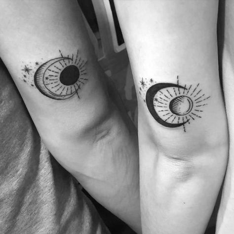 The Sun and Moon Linework Tattoo Design 2 Sun And Moon Merged Tattoo, Sun And Moon Tattoo Combined, His And Her Sun And Moon Tattoo, Sun And Moon Matching Tattoos, Sun And Moon Tattoos, Tattoo Mafia, Eclipse Tattoo, Partner Tattoos, Moon Sun Tattoo