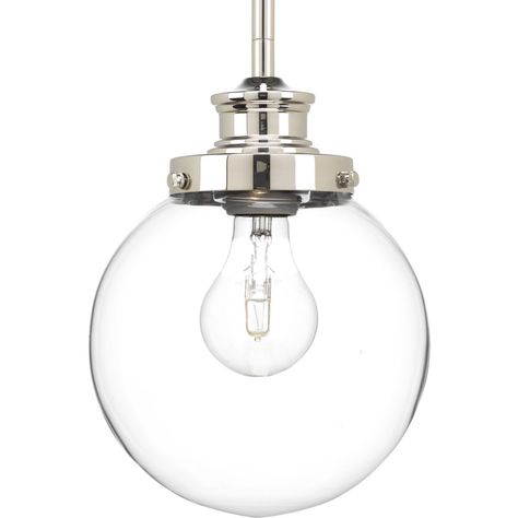 One-light 7 inch Pendant with a modern take on vintage electric design with a clear glass sphere. Polished Nickel finish. Electric Design, Glass Sphere, Cool Floor Lamps, Progress Lighting, Mini Pendant Lights, Incandescent Lighting, Hudson Valley Lighting, Globe Lights, Modern Pendant