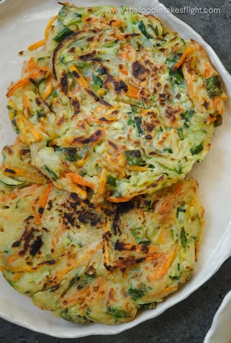 Asian Vegetable Fritters, Foodie Takes Flight, Vegan Korean Pancakes, The Foodie Takes Flight, Korean Vegetable Pancakes Recipes, Korean Fritters, Veggie Pancakes Korean, Yachaejeon Recipe, Vegan Yachaejeon