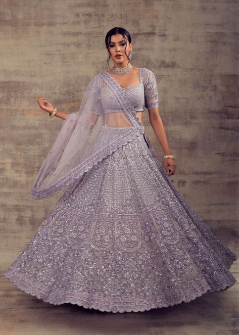 Lehenga For Weddings, Jewellery With Lavender Lehenga, Unique Colour Lehenga, Lavender Net Lehenga, Fabric For Lehenga Indian Weddings, Lilac Wedding Lehenga, Lavender Wedding Lehenga, Different Colour Wedding Dresses, Lavender Colour Lehenga Design