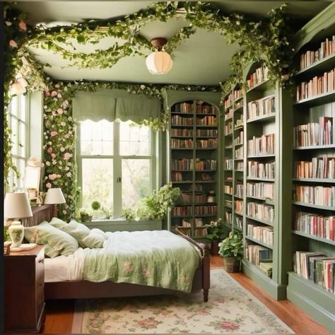 Photo - Google Photos Cottagecore Library Bedroom, Room Ideas Aesthetic Green Walls, Bedroom Bookshelf Aesthetic, Green Book Room, Green Rooms Aesthetic, Ivy Bookshelf, Green Library Aesthetic, Greenhouse Bedroom, Green Bookshelf