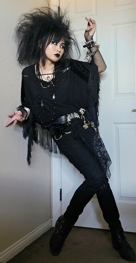 Gorgeous trad Goth style, Goth girl, Goth aesthetic, Goth fashion Goth big hair Goth Men 80s, 80s Outfits Goth, Deathrocker Fashion, Male Trad Goth Outfits, 80s Black Outfit, Trad Goth Outfits 80s, Plus Size Trad Goth, Gothic Pose Reference, Goth Outfit Women