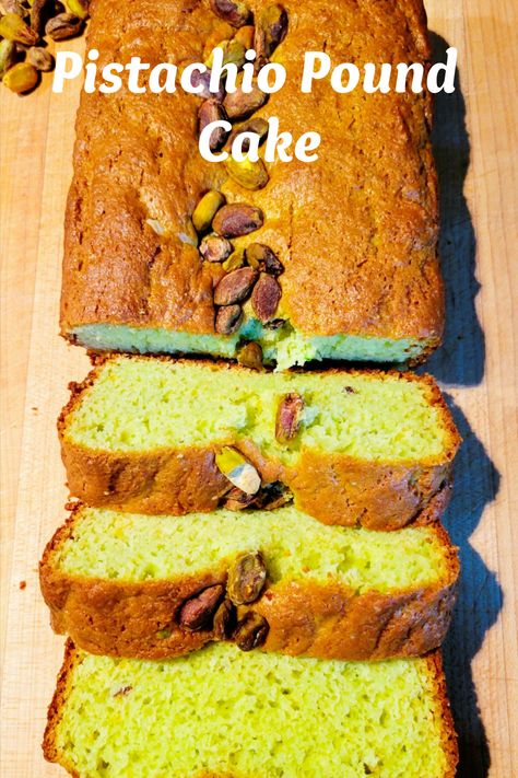 This tasty pistachio pound cake or pistachio bread recipe makes 2 loaves, so it is totally shareable and it's very easy to make. I especially love the green color to it, and it requires very few ingredients. Plus, its ready in an hour or less! Pistachio Pound Cake Recipes, Pistachio Pudding Bread Recipe, Pistachio Pound Cake Easy, Lime And Pistachio Loaf Cake, Pistachio Loaf Cake, Pistachio Bread Recipe, Pistachio Pound Cake, Easy Pistachio Cake Instant Pudding, Cake Pistachio