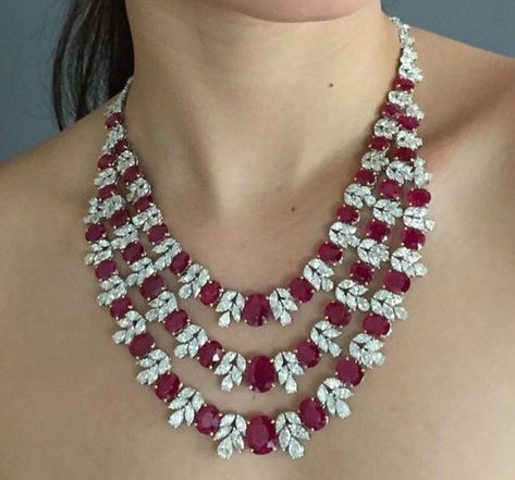 Three Strand Ruby and Diamond Necklace Source: Tan Chee Seng via Pinterest Ruby Diamond Necklace, Ruby And Diamond Necklace, Diamond Necklace Designs, Diamond Necklace Set, Diamond Jewelry Necklace, Diamond Jewelry Designs, Initial Pendant Necklace, Ruby Necklace, Ruby Jewelry