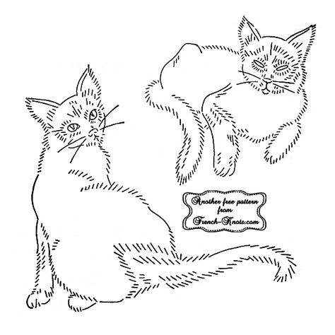 Cats and Kittens Embroidery Patterns - French Knots Easy Cat Embroidery Patterns, Vintage Cat Embroidery Pattern, Cat Bordhi Patterns, Cat And Dog Embroidery, Cats Embroidery, Tabby Cat Embroidery, Kitten Embroidery, Cat Embroidery, Knots Tutorial