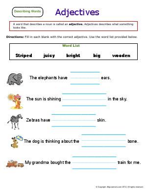 Worksheet | Adjectives | Fill in the blanks with the correct adjective. Describing Words Worksheet For Grade 1, Adjectives Worksheet 2nd Grade, Adjectives Worksheet For Grade 1, Adjectives For Kids, Adjectives Worksheet, 2nd Grade Reading Comprehension, English Grammar For Kids, English Adjectives, Adjective Worksheet