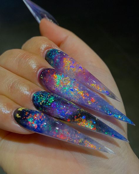 Opal Nails, Galaxy Nails, Edgy Nails, Colorful Nails, Stiletto Nails Designs, Exotic Nails, Bling Acrylic Nails, Luxury Nails, Fire Nails