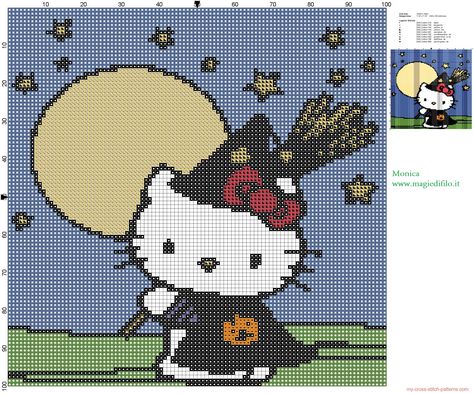 Hello Kitty witch cross stitch pattern - free cross stitch ... Kitty Cross Stitch Pattern, Hello Kitty Cross Stitch, Kitty Cross Stitch, Witch Cross Stitch Pattern, Kawaii Cross Stitch, Witch Cross Stitch, Hello Kitty Crochet, Patterns Simple, Halloween Cross Stitch Patterns