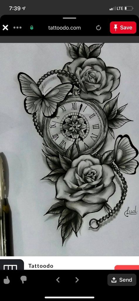 Clock Tattoo Sleeve, Pocket Watch Tattoo Design, Clock And Rose Tattoo, Watch Tattoo Design, Rose And Butterfly Tattoo, Pocket Watch Tattoos, Mom Tattoo Designs, Clock Tattoo Design, Tattoos For Women Half Sleeve