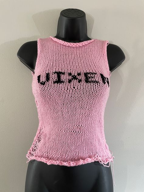 Hand Knit Tank Top, Crochet Distressed Top, Crocheting Aesthetic, Crochet Tank Top Outfit, Bunny Projects, Y2k Stuff, Crochet Men, Everskies Outfits, Tank Top Outfits