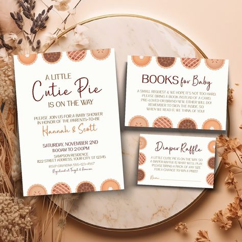 🍂🥧 Planning a cozy, pie-themed baby shower this fall? Our 'Cutie Pie' baby shower invitation set has you covered! This editable template set includes invitations, a diaper raffle card, and a 'books for baby' card—everything you need to celebrate your little cutie in style! #BabyShowerInvitations #cutiepie#FallBabyShower #PrintableInvitations #DiaperRaffle #booksforbaby #babyshower #babyshowerideas #cutiepiebaby #invitationtemplate #autumncolours #plannersupplies Cutie Pie Baby Shower Theme, Sprinkle Ideas, Baby Shower Invitation Template, Diaper Raffle, Baby Card, Baby Sprinkle, Printable Decor, Baby Shower Theme, Cutie Pie