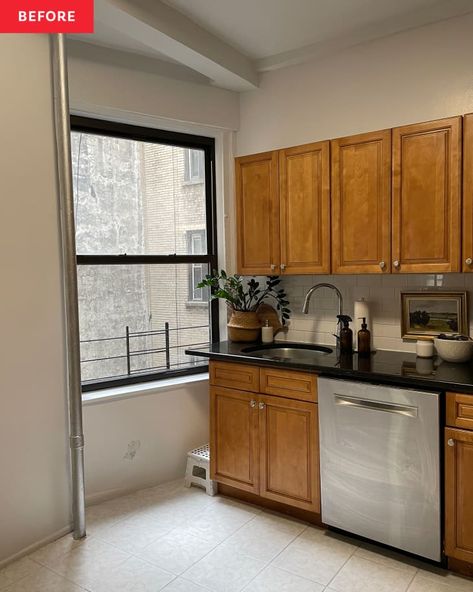 Rental Kitchen Makeover, Builder Grade Kitchen, Rental Kitchen, White Tile Floor, Apartment Makeover, Builder Grade, Spanish Style Home, Tiny House Kitchen, Wood Pedestal