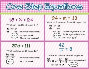 algebra one and two step equations anchor chart | One Step Equations = Poster/Anchor Chart with Cards for ... Algebra Hacks, Equations Anchor Chart, Algebra Vocabulary, Math Classroom Posters, Line Math, Multiplication Strategies, Cards For Students, Multi Step Equations, Two Step Equations