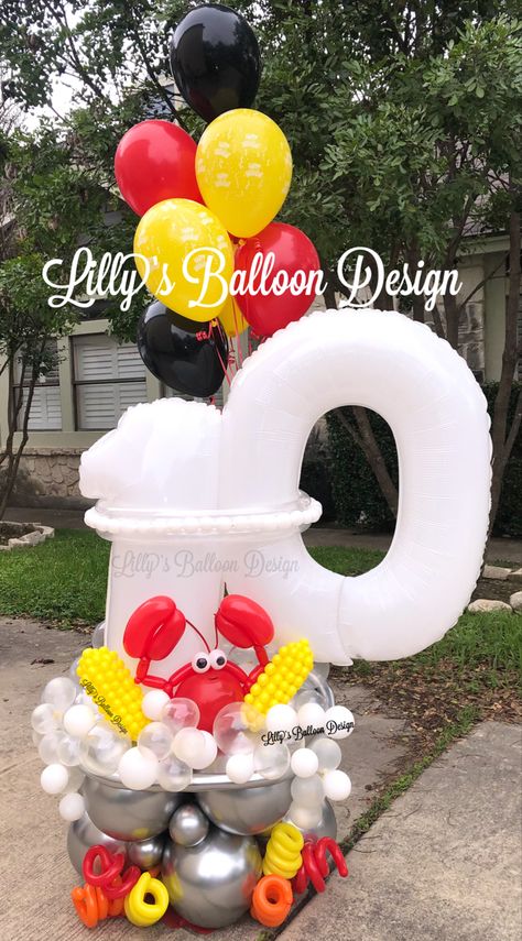 Crab Balloon Arch, Crawfish Boil Birthday Party Decorations, Crawfish Boil Balloon Arch, Cajun Baby Shower Ideas, Crawfish Balloon Arch, Crawfish Birthday Cake, Crab Birthday Party Ideas, Crawfish Themed Birthday Party, Cajun Boil Party