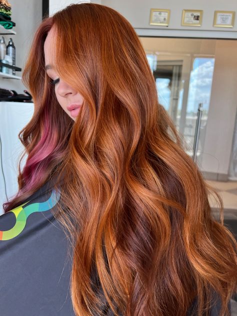 Pink peak a boo hair color with copper base Copper Peak A Boo Hair, Pink And Copper Hair, Pink Peak A Boo, Peak A Boo Hair Color, Peak A Boo Hair, Dimensional Copper, Copper Ginger, Haircolor Ideas, Peak A Boo