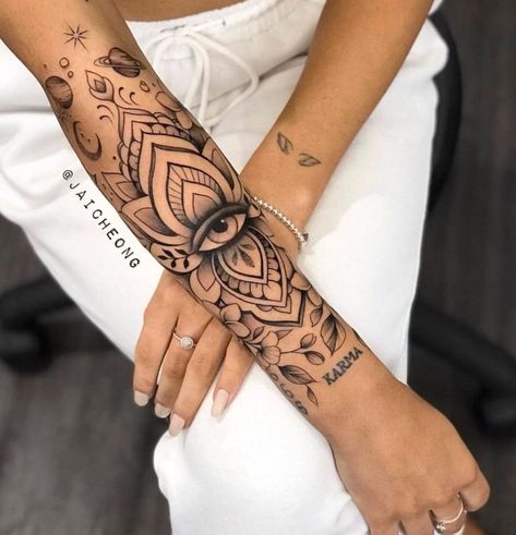 Hamsa And Lotus Tattoo, Lotus Flower Hand Tattoo, Shoulder Cover Up Tattoos, Forearm Mandala Tattoo, Mandala Arm Tattoos, Mandala Wrist Tattoo, Feminine Back Tattoos, Hamsa Hand Tattoo, Strong Tattoos