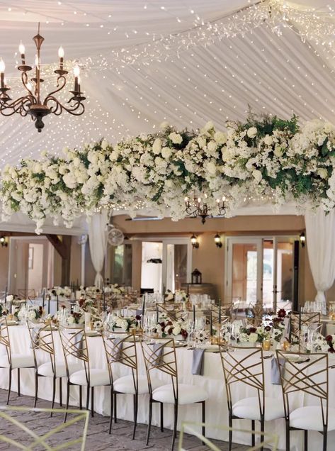 Large long white floral chandelier above the full length of the head table at a Chateau Lill wedding reception in the white tent. Summer Wedding Flowers Centerpieces, Summer Wedding Floral, Tent Wedding Reception, Lighting Photo, Head Table Wedding, Wedding Reception Flowers, Ceremony Design, Floral Trends, Floral Chandelier