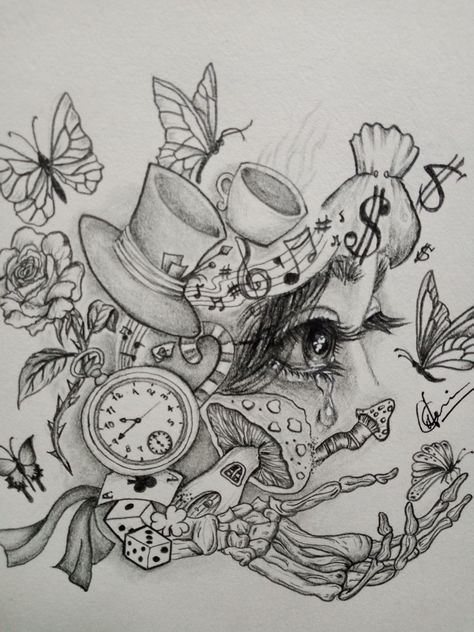 Meaningful sketch Trippy Alice In Wonderland Tattoo, Art Sketches Pencil Creative Sketchbooks, Alice In Wonderland Sketch, Alice In Wonderland Tattoo Sleeve, Books Money, Alice In Wonderland Drawing, Alice In Wonderland Painting, Meaningful Paintings, Alice In Wonderland Artwork