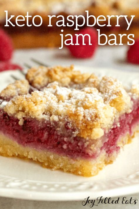 Keto Raspberry Jam Bars are made with plump, juicy, fresh raspberries! Layered with a delicious crust, a raspberry filling, and an incredible crumb topping. This dessert bar recipe is a must-have staple at all your parties. They are gluten-free, grain-free, low carb, and keto too. Keto Raspberry Desserts Easy, Low Carb Raspberry Desserts, Keto Raspberry Desserts, Keto Raspberry Jam, Raspberry Jam Bars, Keto Raspberry, Low Carb Bars, Jam Bars, Raspberry Desserts