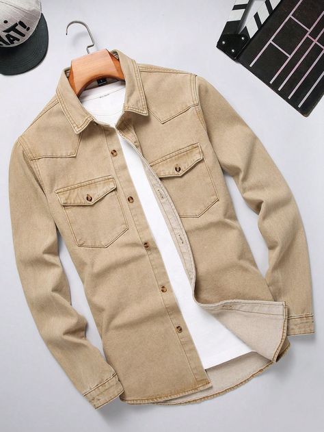 Manfinity Men's Workwear Denim Shirt With PocketsI discovered amazing products on SHEIN.com, come check them out! Fashionable Men, Denim Shirt Men, Mens Workwear, Plain Shirt, Tops Fashion, Tops Online, Plain Shirts, Niece And Nephew, Men's Wardrobe