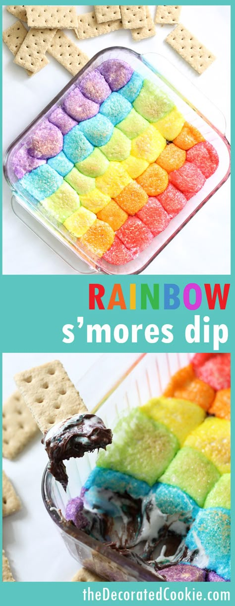 RAINBOW s'mores dip! super easy dessert made in minutes, perfect for rainbow parties or unicorn parties Smores Dip Recipe, Smores Dip, Unicorn Desserts, Unicorn Food, Super Easy Desserts, Dessert Dip, Colorful Desserts, Kid Desserts, Dessert Simple