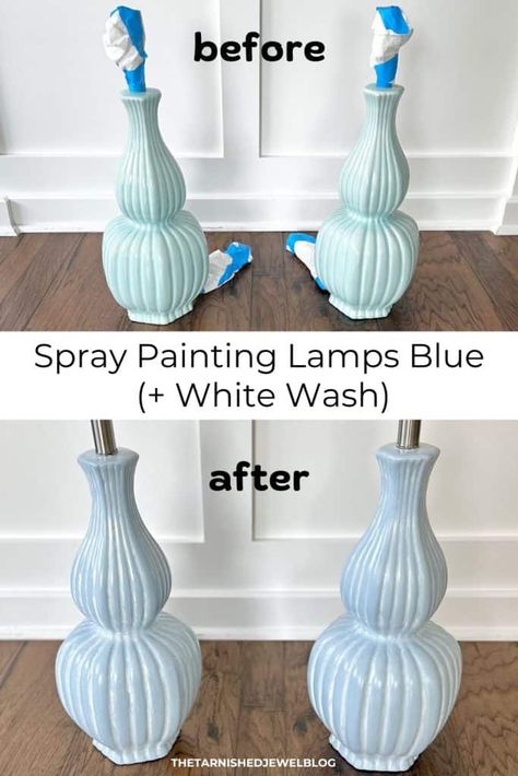 Learn how to paint lamps blue in 5 easy steps - DIY!  Try Spray Painting Lamps Blue (+ White Wash) by thetarnishedjewelblog.com.  #paintinglamps  #spraypainting #spraypaintingfurniture  #lampmakeover  #diypaintingproject  #bluelamp #bluelamp #bluelamps  #coastalstyle #coastalstyledecor #coastalstylefurniture #coastalstylehome  #coastalgrandma #coastalgrandmother #coastalgrandmastyle  #CoastalChic #coastalchic #coastalchicdecor  #CoastalModern #coastalmodern #coastalmodernhome How To Paint Lamps Base, Diy Painted Lamp, Spray Paint Lamps, Coastal Chic Decor, Diy Lamp Makeover, Coastal Style Furniture, Wooden Lamp Base, Blue Spray Paint, Spray Paint Furniture