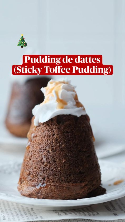 pudding de dates sticky toffe pudding on a plate with the words pudding de dates sticky toffe pudding