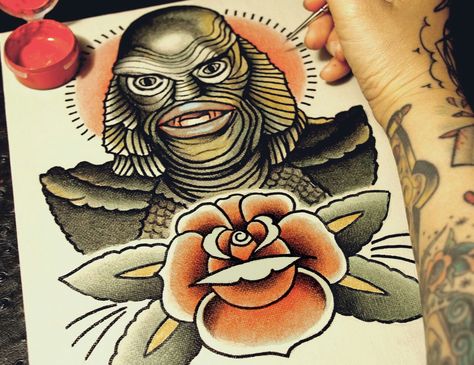 Flash Paintings by Quyen Dinh — Creature from the Black Lagoon.. Quyen Dinh Black Lagoon Tattoo, Universal Monsters Tattoo, Lagoon Tattoo, Girl Power Tattoo, Monster Tattoo, Creature From The Black Lagoon, The Black Lagoon, Face Tattoos, Black Lagoon