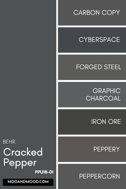 Everything You Need to Know About Behr Cracked Pepper - The 2024 Color of the Year! - Mod & Mood Behr Black Garnet Cabinets, Behr Bronze Paint Colors, Best Dark Gray Paint Color Behr, Valspar Cracked Pepper, Pepper Corn Paint Color, Sw Charcoal Gray, One Shade Lighter Than Iron Ore, Behr Black Paint Colors Exterior, Behr Charcoal Grey