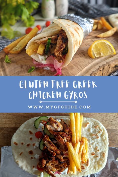 Gluten Free Greek Chicken Gyros Easy Homemade Flatbread, Gyro Recipes, Greek Chicken Gyros, Oven Chips, Gluten Free Food List, Gluten Free Meal Ideas, Chicken Gyro Recipe, Gluten Free Flatbread, Air Fryer Keto