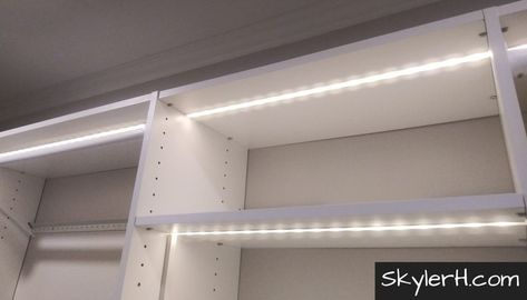 Use LED light strips, LED channel, and cord cover to create an ultra-built-in look for your in-shelf LED lighting. Get a from-the-factory look with DIY tools on a DIY budget.   #ledlighting #diyprojects #diy #ledlights #ledstriplights #homeautomation #homeimprovement #homedecor Closet Strip Lighting, Light Up Closet Shelves, Modern Closet Lighting, Led Closet Lighting Ideas, Closet Cabinet Lighting, Led Lights In Closet Diy, Diy Closet Lighting, Closet Shelf Lighting, Led Lights In Closet