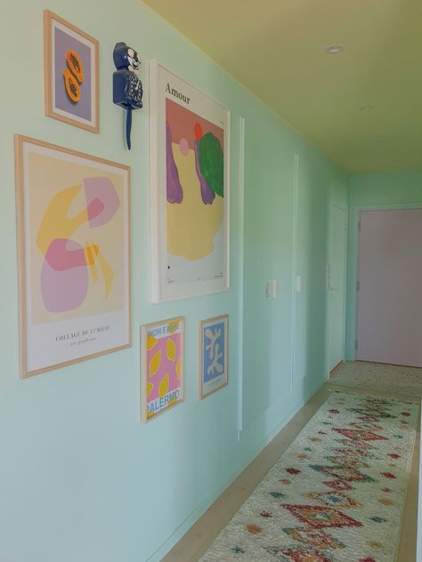 Danish Pastel Hallway, Mint Green Hallway, Teal Hallway, Pastel Hallway, Colourful Hallway, Small Penthouse, Mint Green Room, Girl Horse Room, Painted Hallway