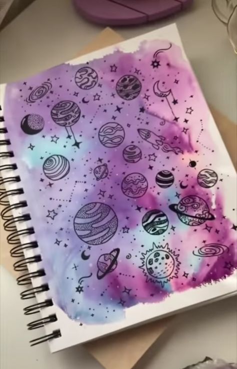 Outer Space Drawing, Sketchbook Idea, Galaxy Drawings, Space Doodles, Planet Drawing, Creative School Project Ideas, Doodle Paint, Space Drawings, Butterfly Art Painting