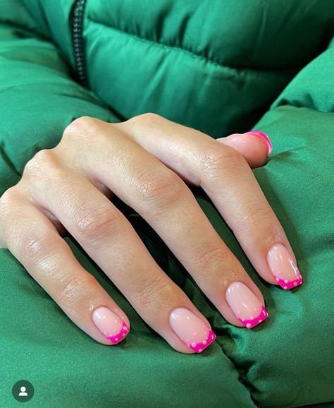 French Tip With Polka Dots, Pink French Tips Nails, Hot Pink French Tips, Pink French Tips, Pink French Tip, Tropical Nails, Summer Manicure, Pink French, Vacation Nails