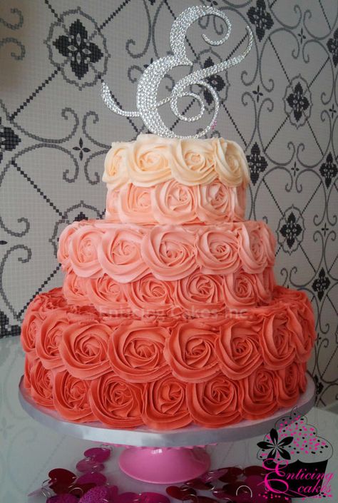 Ombre Rosette Wedding Cake Rosette Wedding Cake, Pink Ombre Wedding Cake, Autumn Wedding Cake, Ombre Rosette Cake, Ombre Wedding Cake, Rosette Cake Wedding, Pastel Autumn, Peacock Wedding Cake, Wedding Cake Options