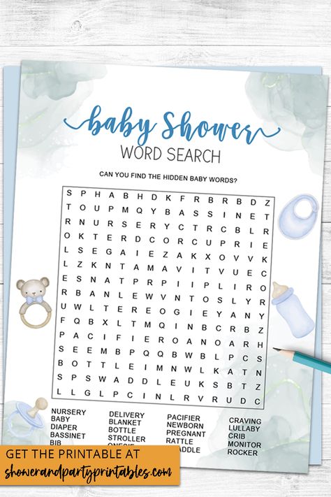 baby shower word search printable free in blue Baby Shower Word Search, Halloween Word Search, Nursery Rhymes Games, Baby Shower Party Games, Baby Shower Wording, Baby Shower Game Cards, Baby Shower Prizes, Word Search Printables, Free Baby Shower