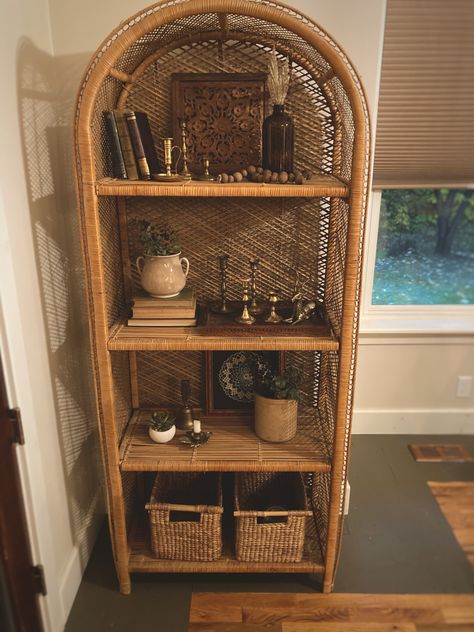 Rattan Shelves Styling, Arched Wicker Shelf, Rattan Shelf Decor, Rattan Shelf Styling, Wicker Shelf Styling, Wicker Shelf Decor, Boho Shelf Styling, Wicker Bookcase, Alabama Bedroom