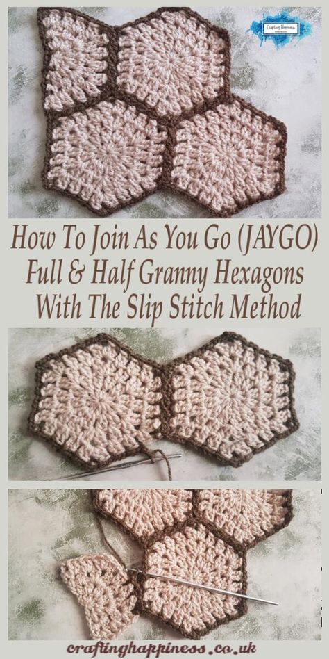 JAYGO Granny Hexagons - a simple technique that will improve your crochet skills and produce beautiful results. Free crochet tutorial by Crafting Happiness. #crochetblankets #crochetafghans #crochetstitches #crochetpatterns #freecrochetpatterns #crochetforbaby #crochetprojects #crochetbaby #babyblankets #crochettechniques #howtocrochet Crochet Hexagon Joining, How To Join Hexagon Granny Squares, Join As You Go Hexagon Crochet, How To Join Crochet Hexagons, Crochet Half Hexagon, Crochet Joining, Hexagon Crochet Pattern, Granny Square Häkelanleitung, Sunburst Granny Square